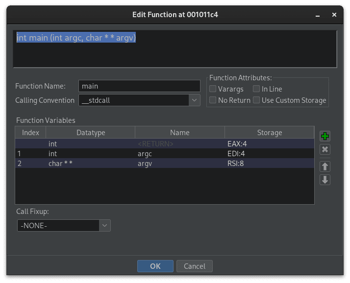 The signature edit window for "** argv"
